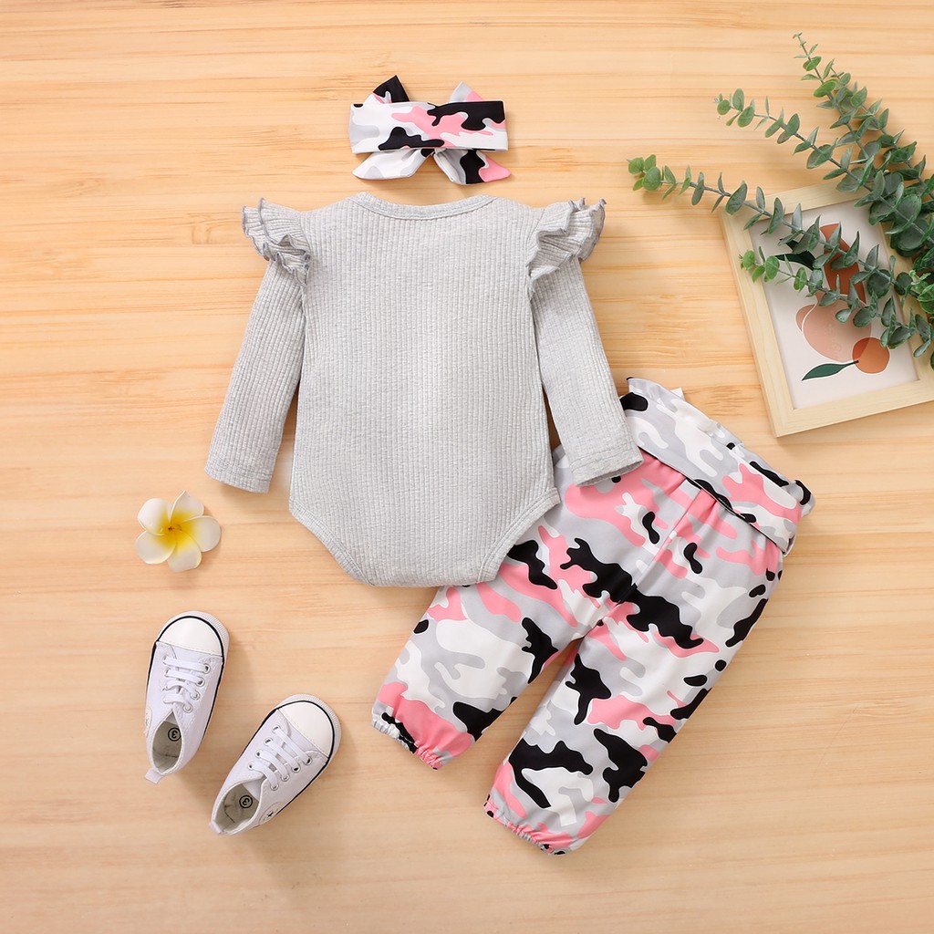Set 3 món Mikrdoo áo liền quần tay dài + quần dài họa tiết rằn ri + băng đô vải cotton thời trang thù thu cho bé gái