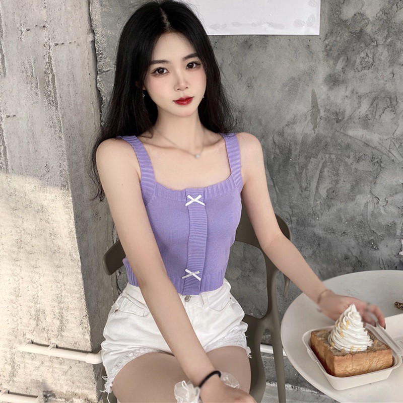 Áo hai dây dệt kim màu trơn phối nơ xinh xắn cho nữ