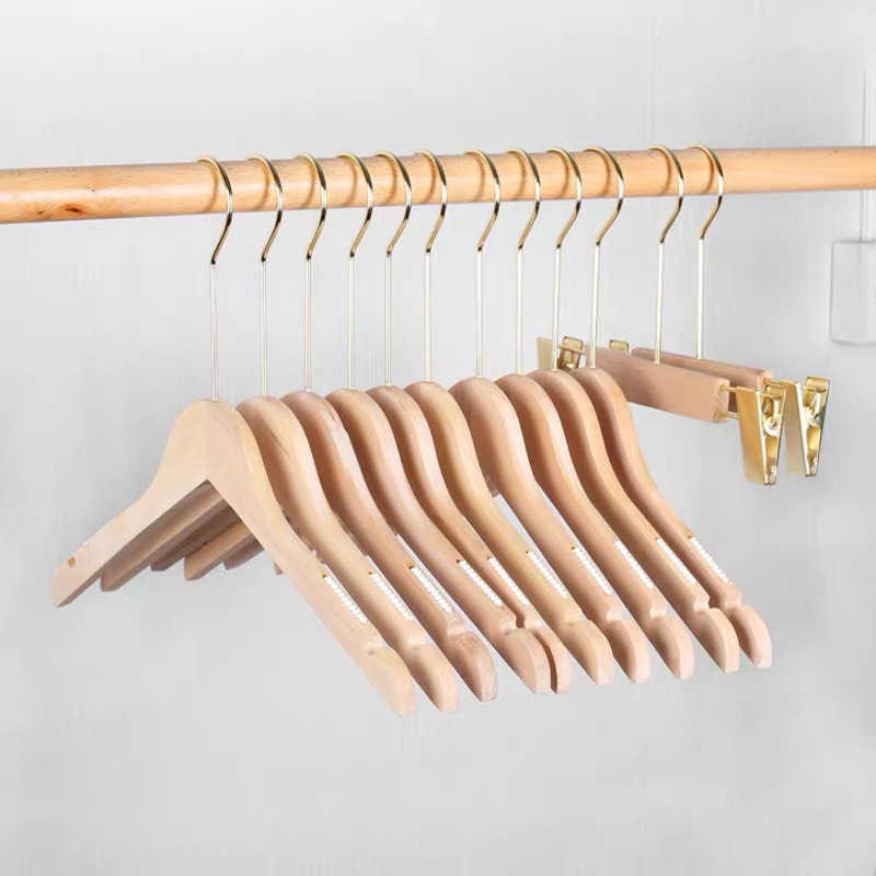 Móc gỗ mộc treo quần áo người lớn,vai 38cm kèm đầu móc vàng tròn 15cm - Mắc treo quần áo nữ gỗ mộc cao cấp