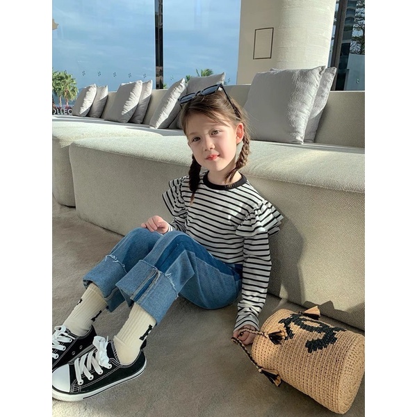 (10-20kg) Bộ Thu Dài Đi Học Cho Bé Áo Kẻ Tay Cánh Tiên Mix Quần Jean Loe Sành Điệu