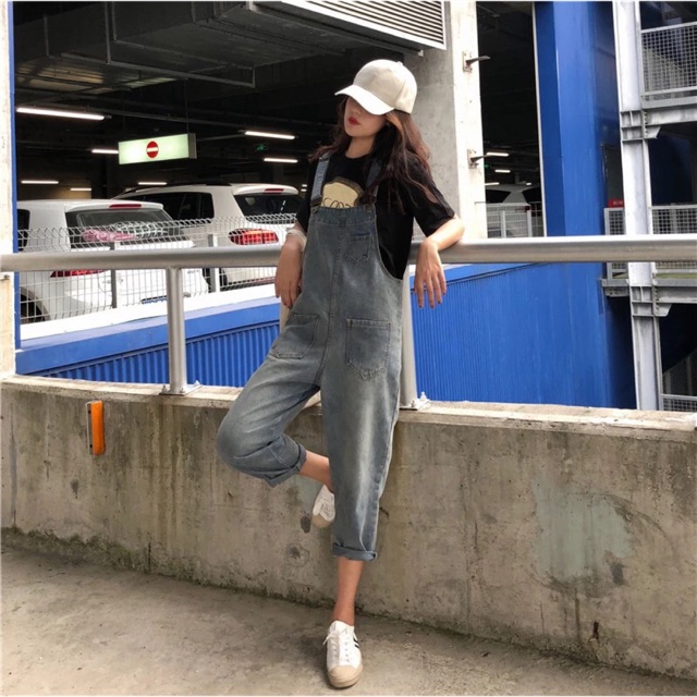 Quần yếm bò jeans ulzzang có size bigsize / quần yếm ống suông rách gối