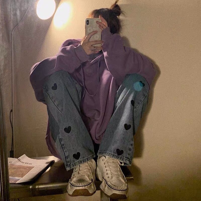 Quần bò jeans ống rộng thêu trái tim Ulzzang siêu cute ❤️