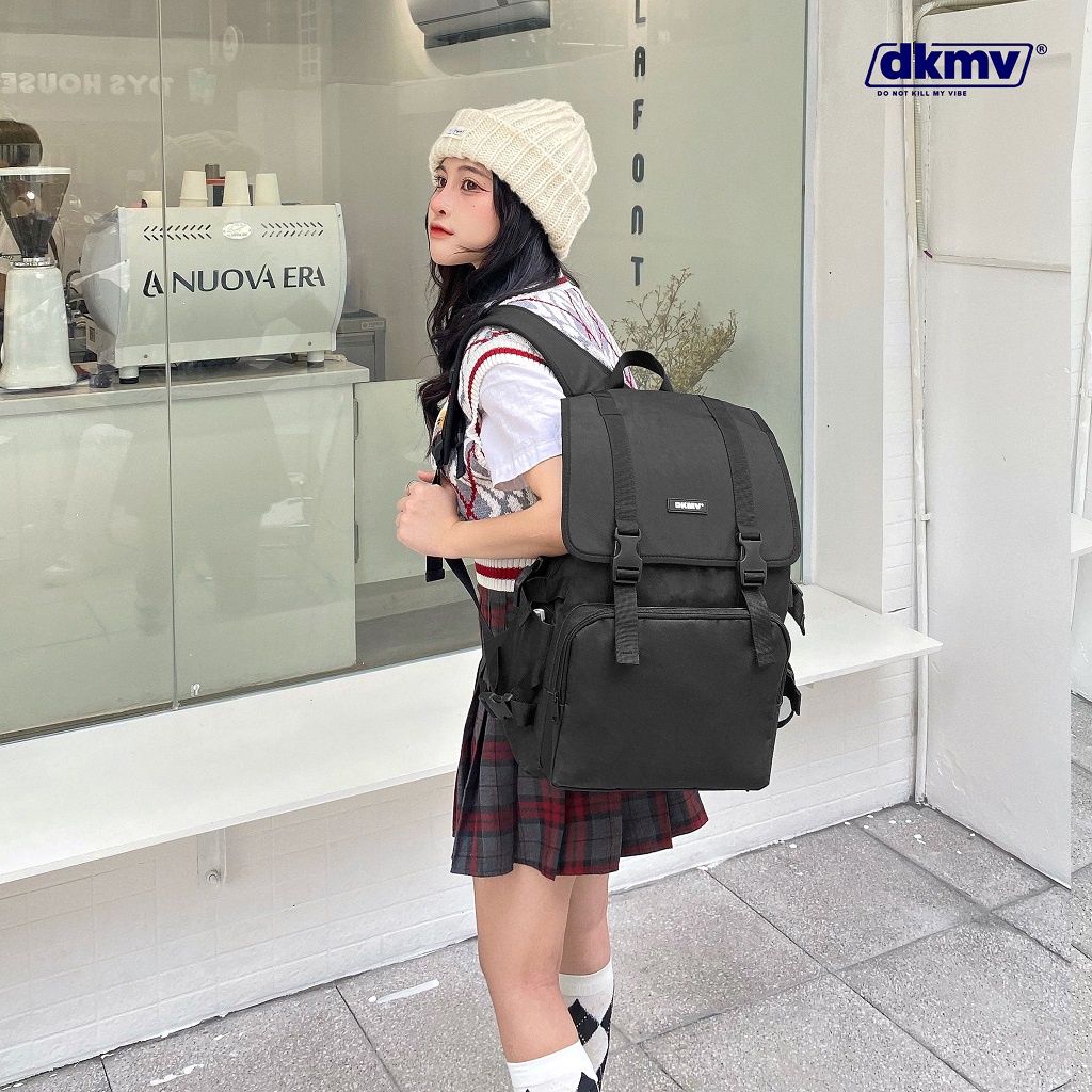 Balo nữ đi học màu đen Don't Kill My Vibe DKMV Basic Rubber Tag Backpack | K-P16