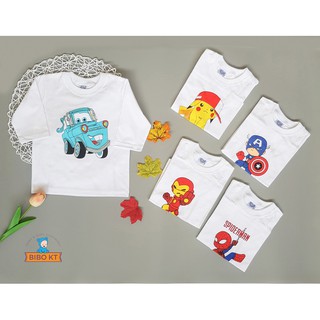 Set 5 áo thun cotton 100% Bibo Kim Thu kiểu cổ tròn tay dài hình siêu nhân hoạt hình.