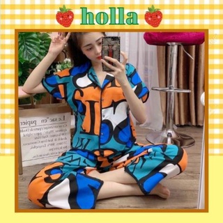Đồ bộ nữ, pijama lụa nữ, đồ bộ mặc nhà tay cộc quần dài họa tiết lập thể chất lụa latin, mịn mát cho mùa hè siêu dễ thươ