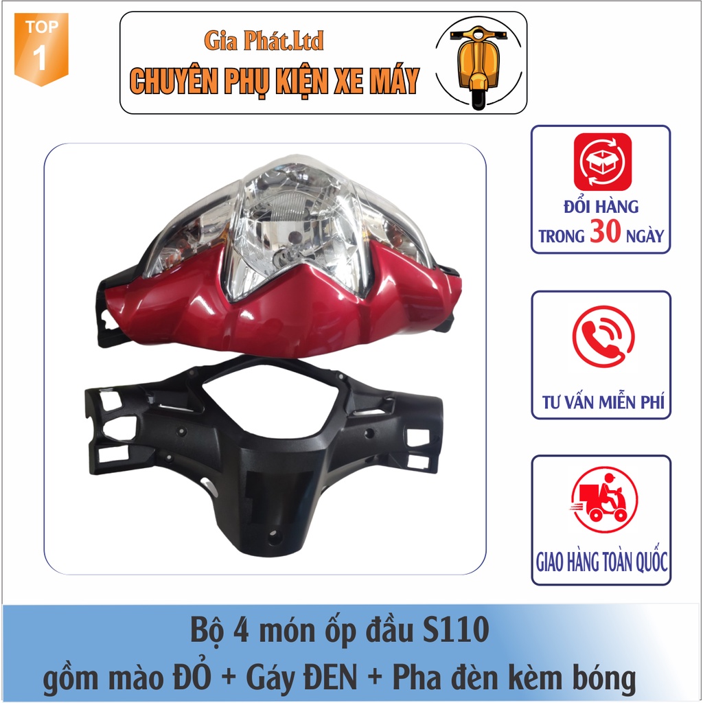 Combo ốp đầu Wave S110  gồm MÀO ĐỎ + GÁY ĐEN + và Pha đèn kèm bóng