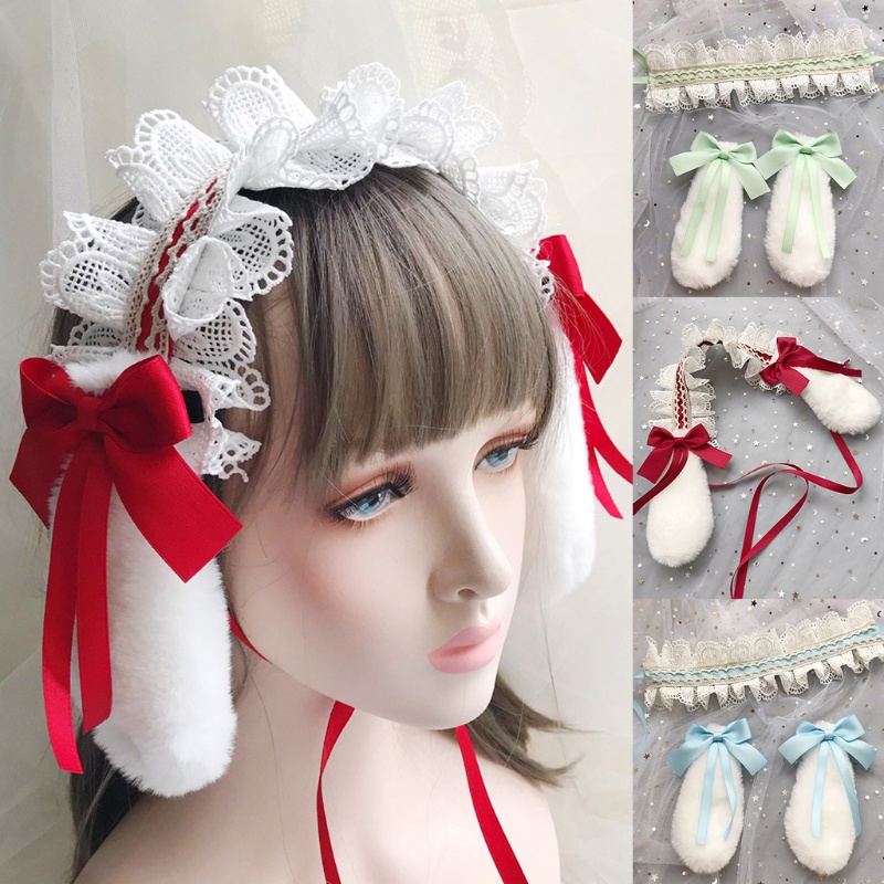 Băng Đô Tai Thỏ Bằng Lông Nhung Phối Bèo Nhún Có Thể Tháo Rời Hóa Trang