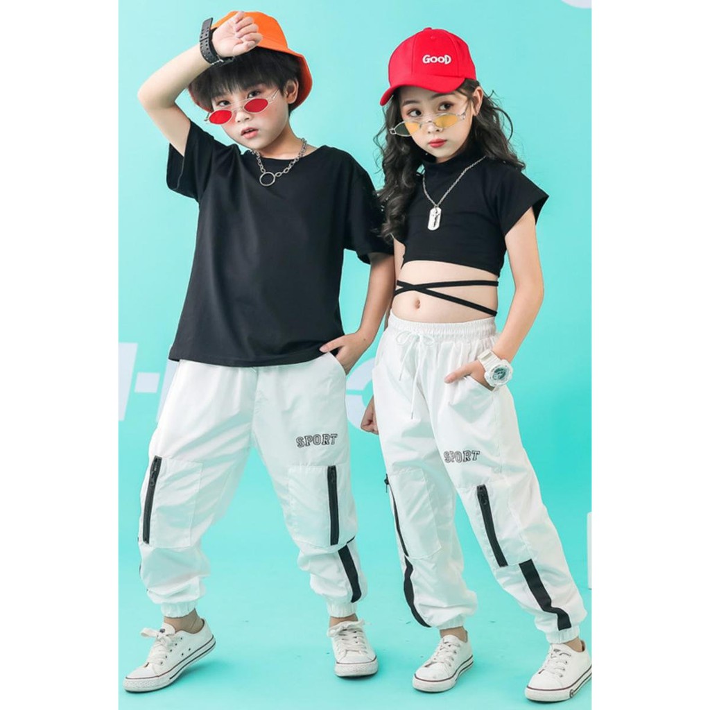 Áo Croptop nhảy Hiphop trẻ em | Áo Croptop dây cộc tay đen trơn