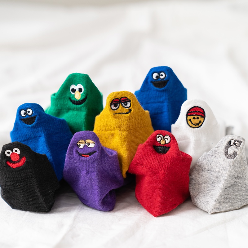 Vớ WAFNHA D259 cotton cổ thấp thêu họa tiết biểu tượng cảm xúc hoạt hình đáng yêu cho nữ
