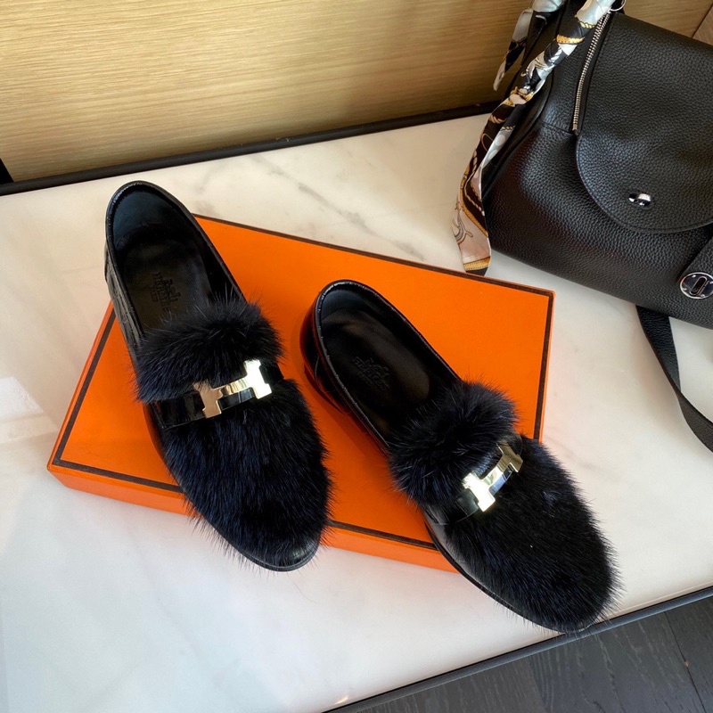 Giày lười da mặt lông sang trọng cho nữ thương hiệu Hermes HM da thật cao cấp