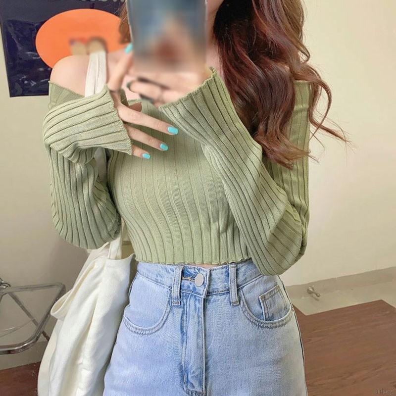Korean Simple Slimming Square Neck Pit Strip Solid Long Sleeve T-shirt