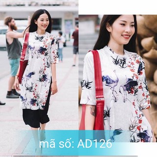 Set Áo Dài Cách TÂN CÔ TRÒN TAY LỠ KÈM QUẦN VOAL ỐNG RỘNG HỌA TIẾT CHIM CÒ