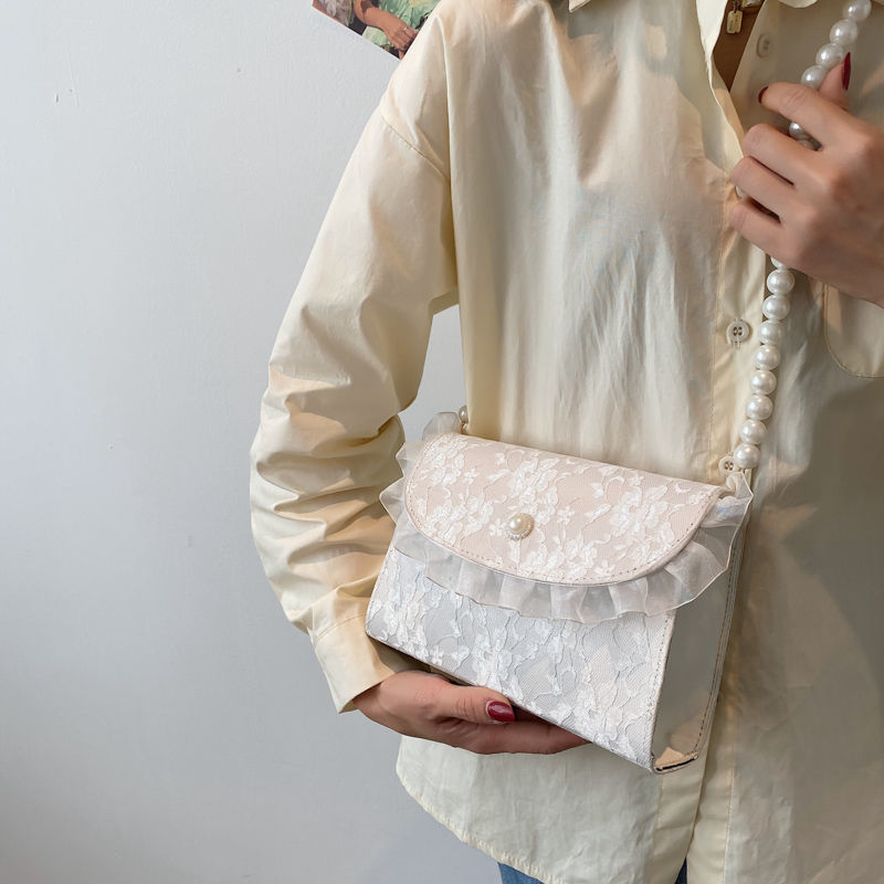 Lace Mesh Handbag Special-Interest Design High Sense Fairy Gentle Style Elegance Retro Pearl Chain Crossbody Bag