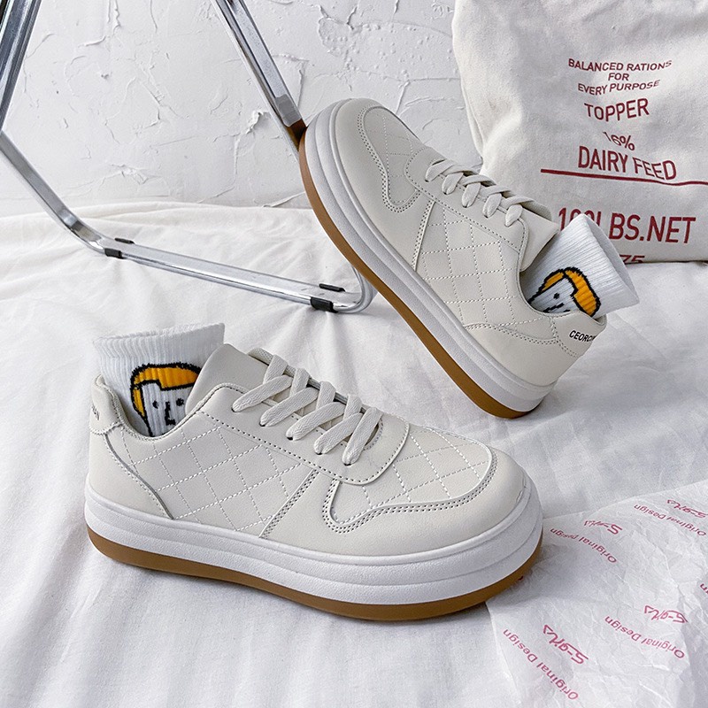Giày thể thao nữ Ulzzang bánh mì kem đế nâu Giầy sneaker độn đế mũi tròn kiểu dáng basic dễ phối đồ