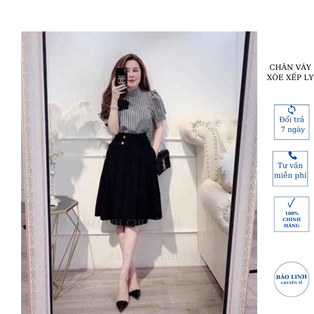 Chân váy xòe công sở dáng dài phối 2 cúc qua gối thời trang nữ mặc đi làm đi chơi