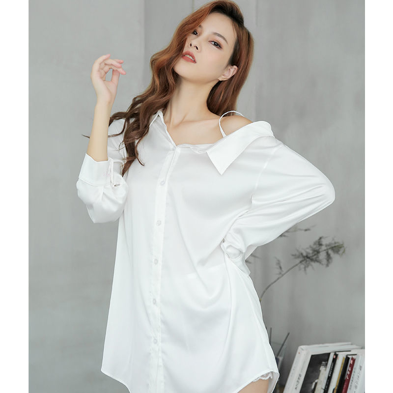 Mới Váy Nữ Mùa Xuân Và Mùa Thu Và Mùa Hè Chiffon Tay Dài Sexy Quây Áo Sơ Mi Trắng Bạn Trai Gió Dài Đồ Ngủ Lỏng Lẻo