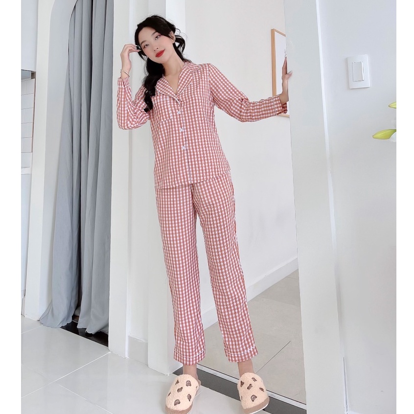 Set Bộ Nữ NHẬT VY Caro Tay Dài Cổ Sơ Mi Phối Túi Chất Caro Lụa Màu Rêu, Nâu, Xanh Dương, Tím - D2129