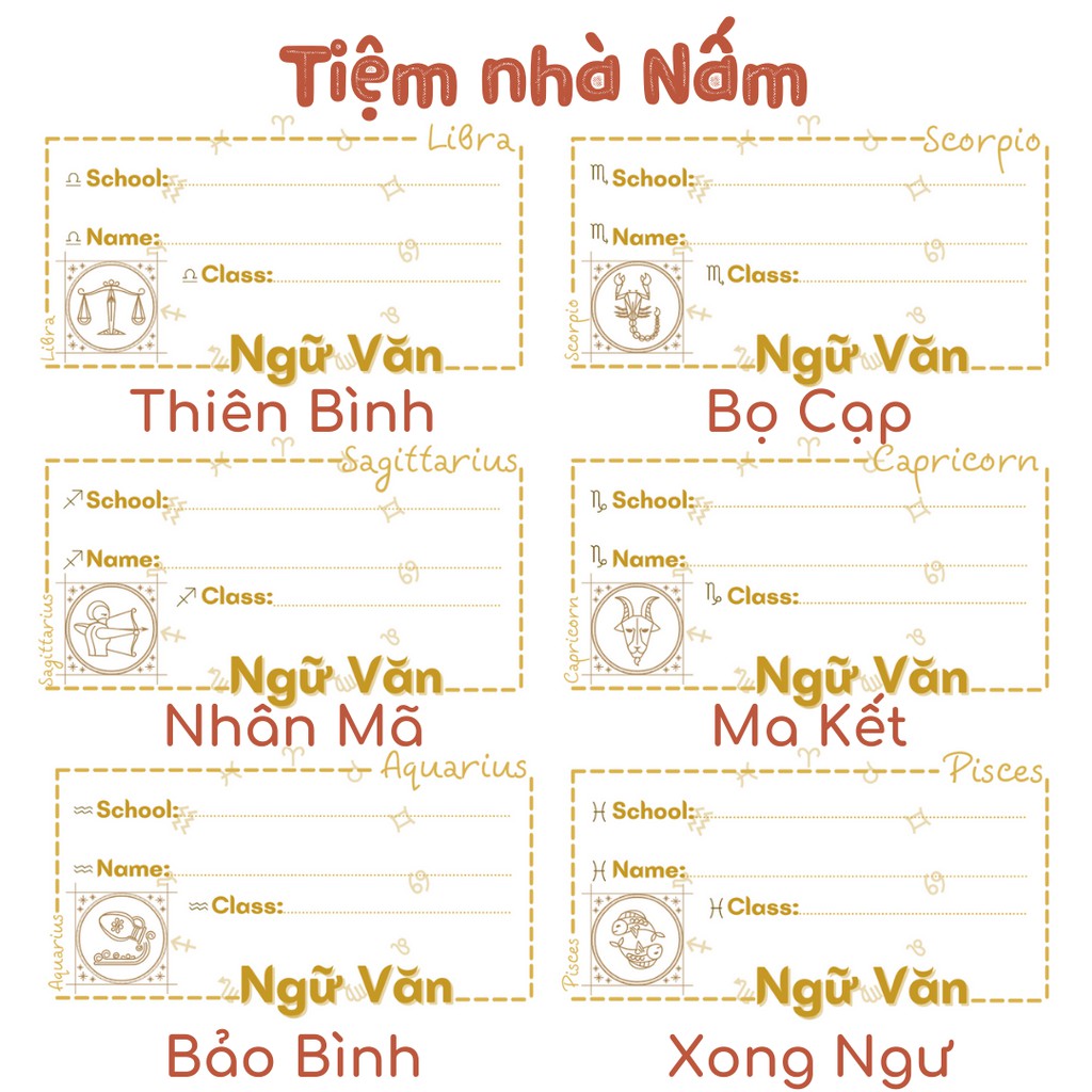 Combo Nhãn Vở Thiết Kế Theo Môn Học– Cung Hoàng Đạo Ánh Vàng