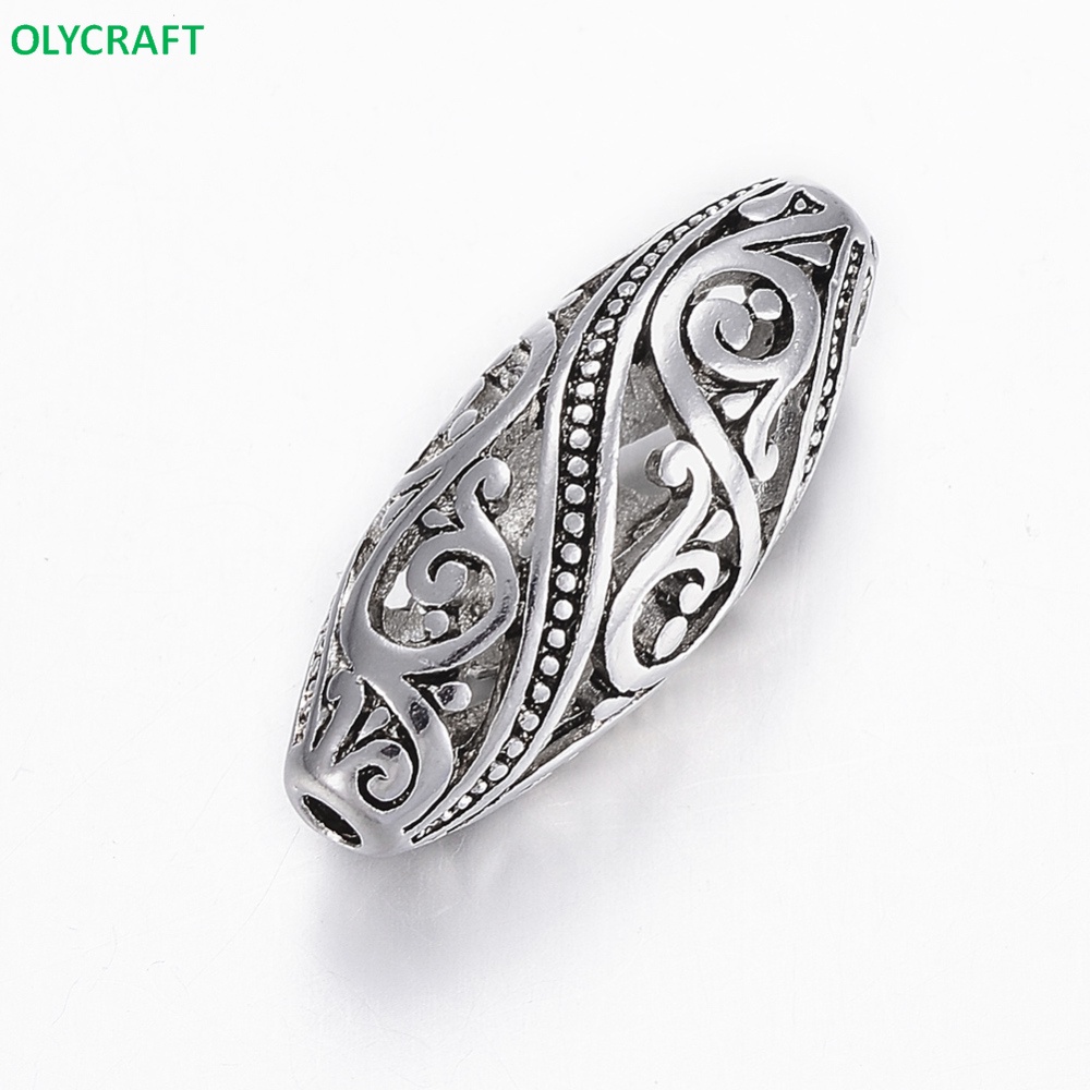Set 5 hạt hợp kim hình oval rỗng màu bạc 25.5x10.5mm đục lỗ 2mm dùng làm trang sức DIY