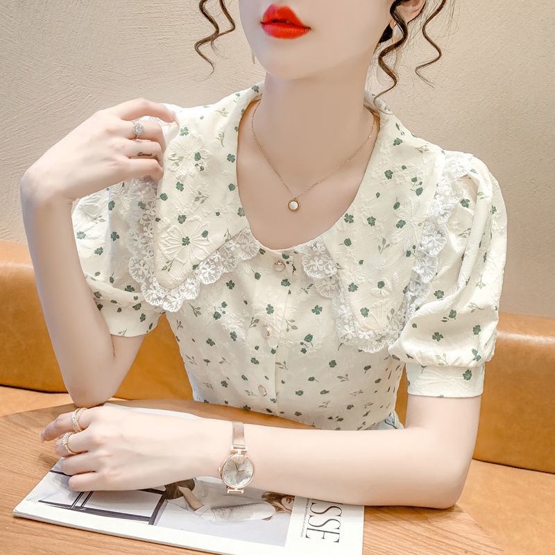 Áo Sơ Mi Tay Ngắn Phồng Cổ Búp Bê In Họa Tiết Hoa Phong Cách Pháp Thời Trang Dành Cho Nữ