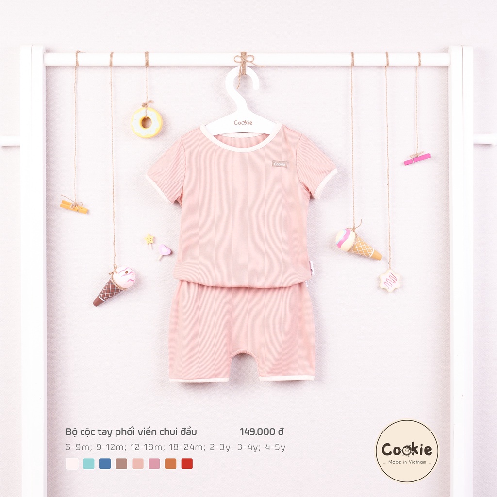 Bộ cộc COOKIE phối viền chui đầu 6-9/9-12/12-18/18-24M chất liệu Air-Cool Knitwear điều hoà nhiệt 4 mùa - Monnie Kids