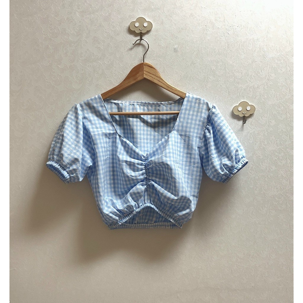 Áo kiểu croptop karo nhúm ngực xinh , chất kate mềm mịn