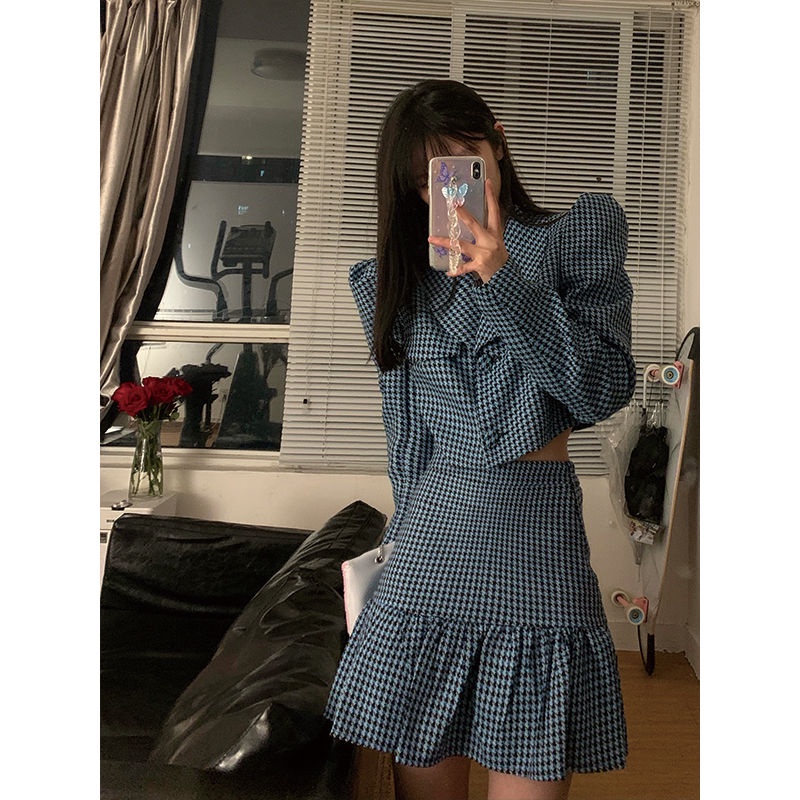 Bộ đồ hai món gồm áo vest ngắn + chân váy eo cao thời trang mùa thu Hàn Quốc 2021 mới cho nữ (có bán lẻ)