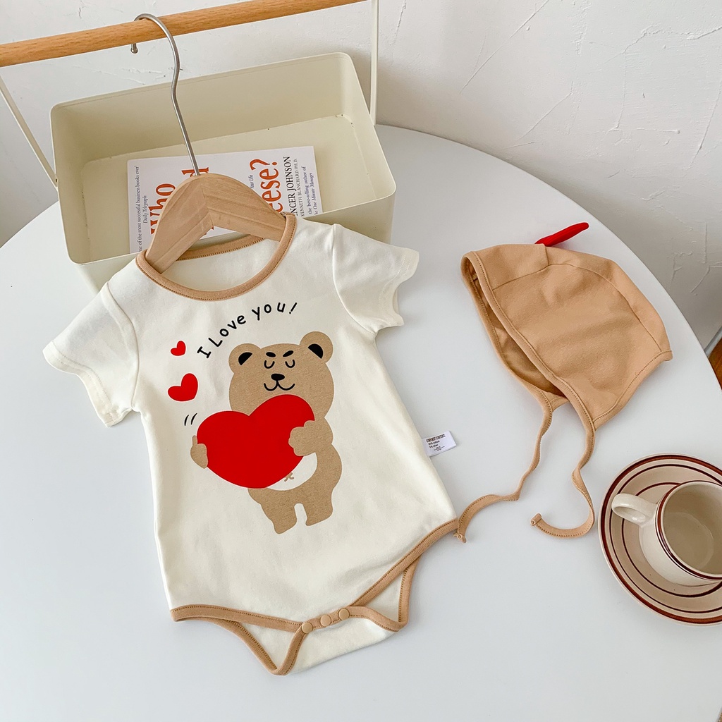 Bộ Áo Liền Quần In Hình Gấu Dễ Thương + Nón Thời Trang Mùa Hè Cho Bé Trai + Gái