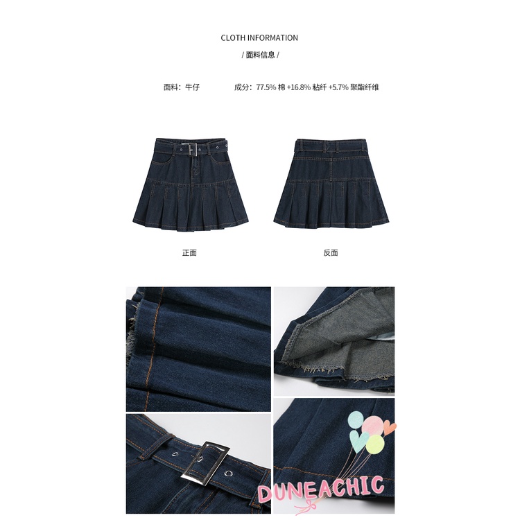 DUNEA Chân váy jean Dáng Chữ A Lưng Cao Xếp Ly Kiểu Retro Gợi Cảm Cho Nữ