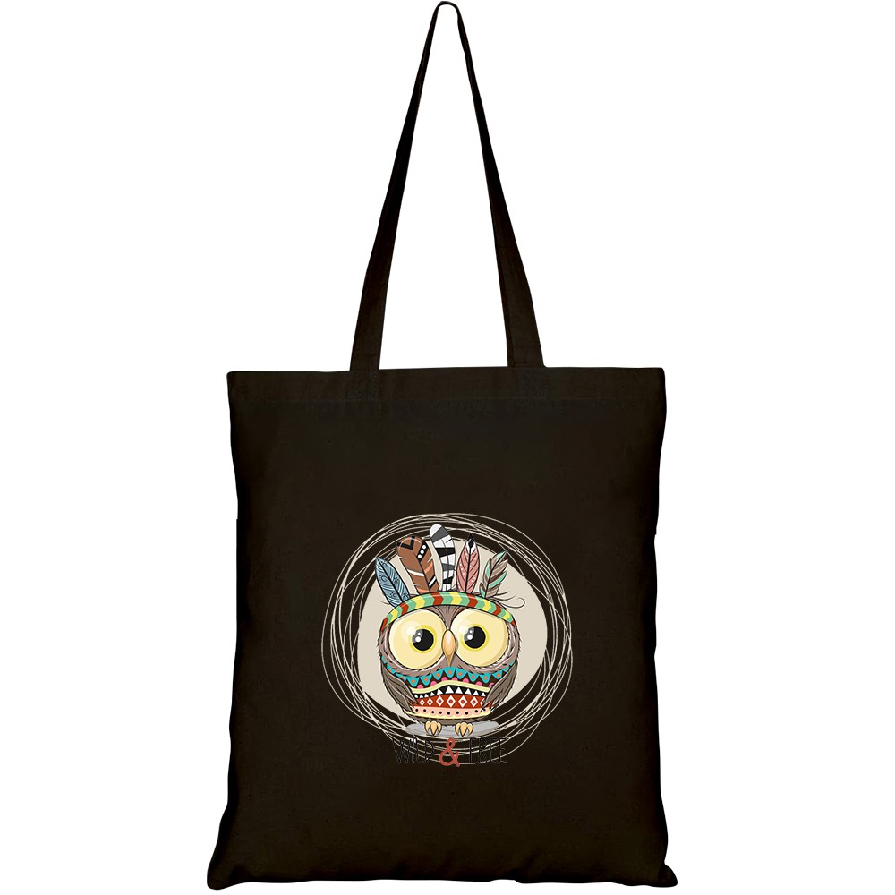 Túi vải tote canvas HTFashion in hình cute cartoon tribal owl feathers HT345