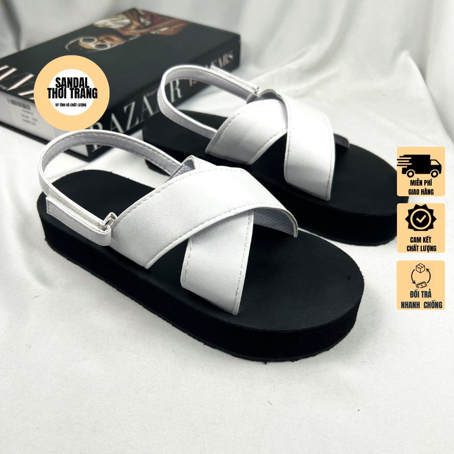 Giày sandal nữ quai chéo A9 đế cao 3 CM Trắng/Đen đi học, đi chơi, bassic SANDALTHOITRANG