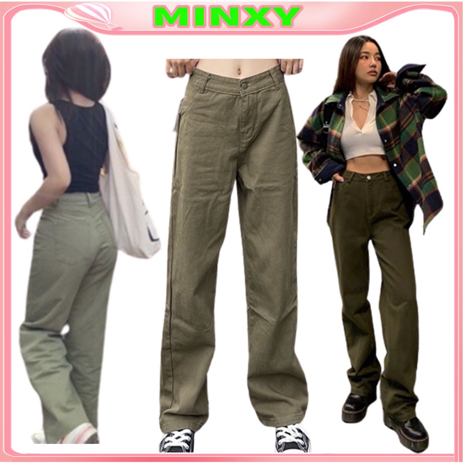 Quần kaki jean xanh rêu ống rộng,dáng suông phong cách Ulzzang hàn quốc nặng động trẻ trung-Minxy shop