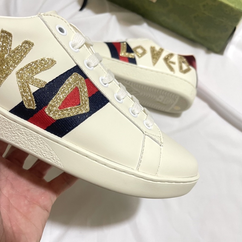 Giày thể thao nữ nam GC trắng chữ love đế thơm vani, giày GC ACE trắng gót 2 màu chữ lấp lánh kim tuyến cao cấp