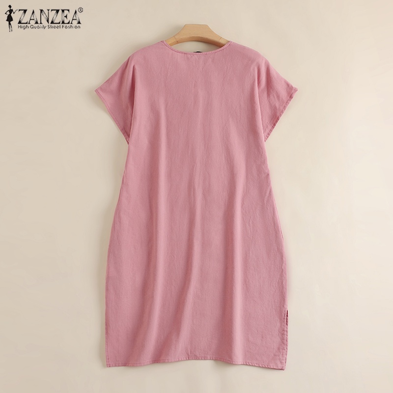 ZANZEA Đầm Ngắn Tay Cổ Chữ V Khóa Kéo Thời Trang Nữ