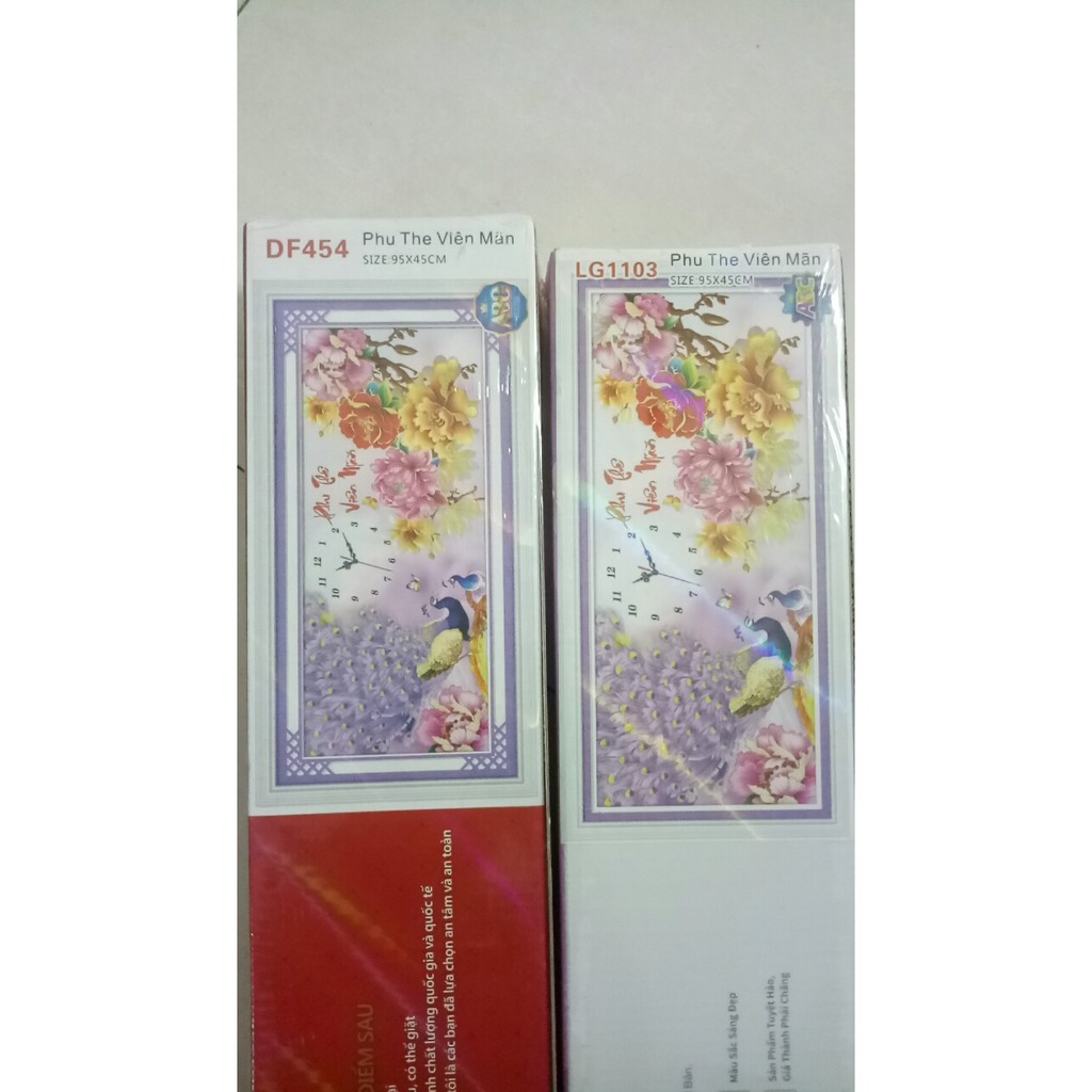Tranh đính đá, tranh thêu chữ thập đồng hồ con công hoa mẫu đơn, phu thê viên mãn DF454 , LV3161  – Tự