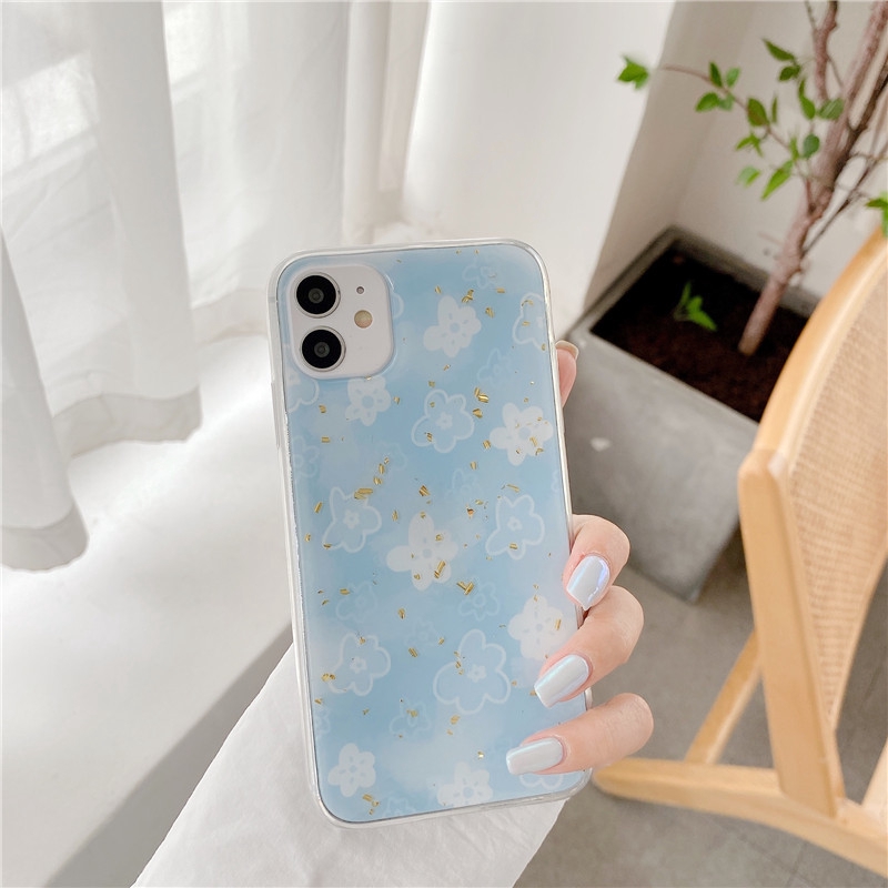 Ốp điện thoại mềm họa tiết hoa xanh dương phối lá vàng cho iPhone 12 pro max 12 mini 11 pro max X XS XR XSMax 7 8 8Plus 7Plus 6Plus 6sPlus 6s 6,