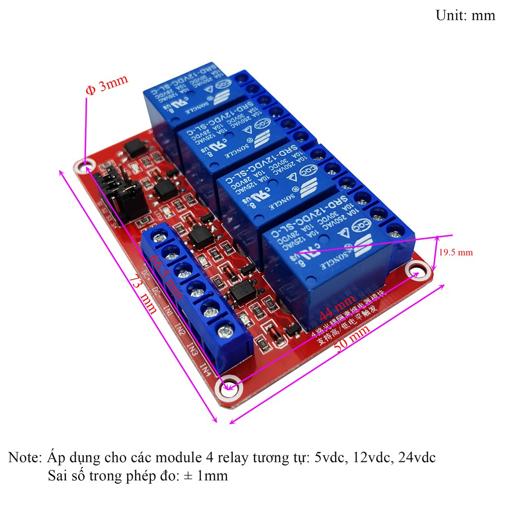Module 4 Relay với Opto cách ly Kích H/L 24VDC 10A - W1ML