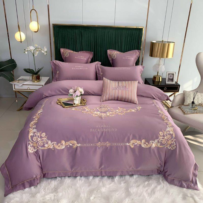 Bộ chăn ga gối Lụa hoàng gia tím bo chun 1m6x2m