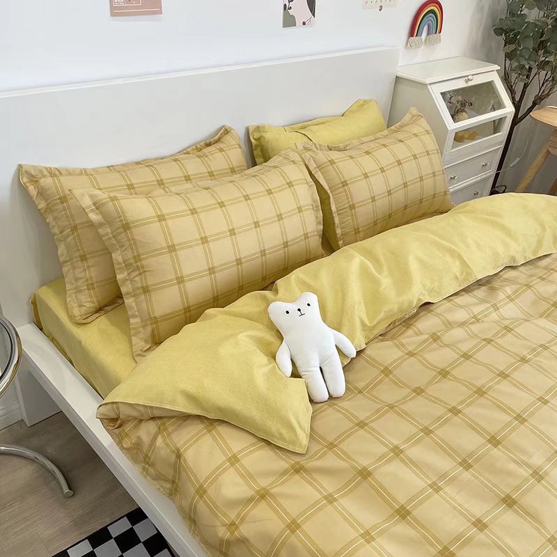 Bộ chăn ga gối Poly Cotton HQ Kẻ vàng cao cấp hot hit (Tặng vỏ gối ôm) - Miễn phí bo chun