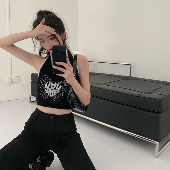 ℡☇◘Áo Hai Dây Ngắn Mỏng Ôm Dáng Màu Đen Trơn Phong Cách Desire Thời Trang Mùa Hè Cho Nữ