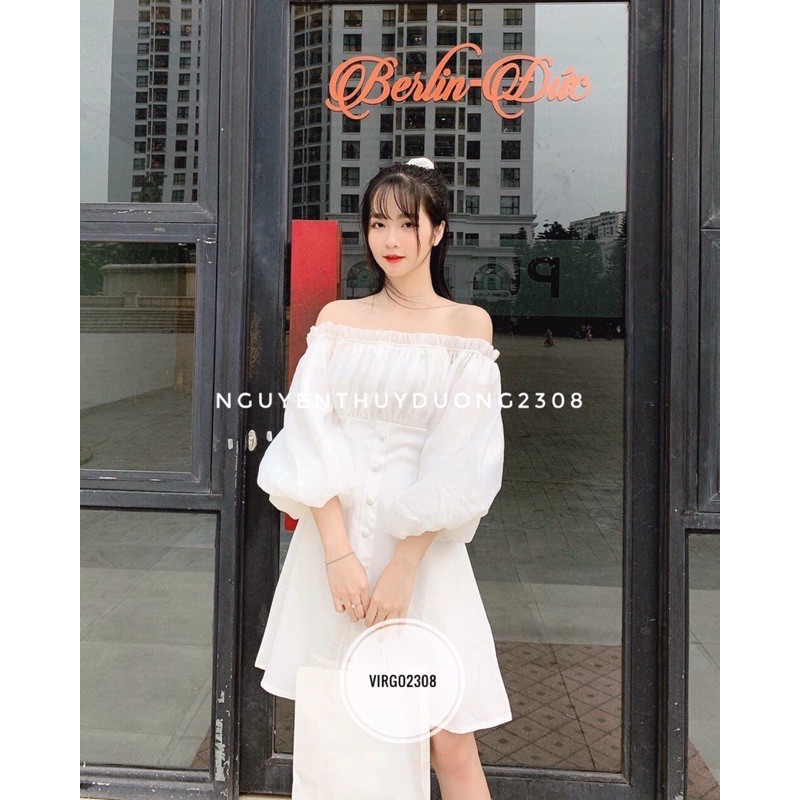 [Ảnh thật/Video]Váy Fanci trễ vai cúc bọc tiểu thư