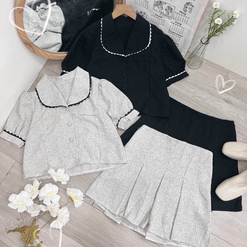 set vest dạ cổ vest viền + chân váy xếp li siêu đẹp