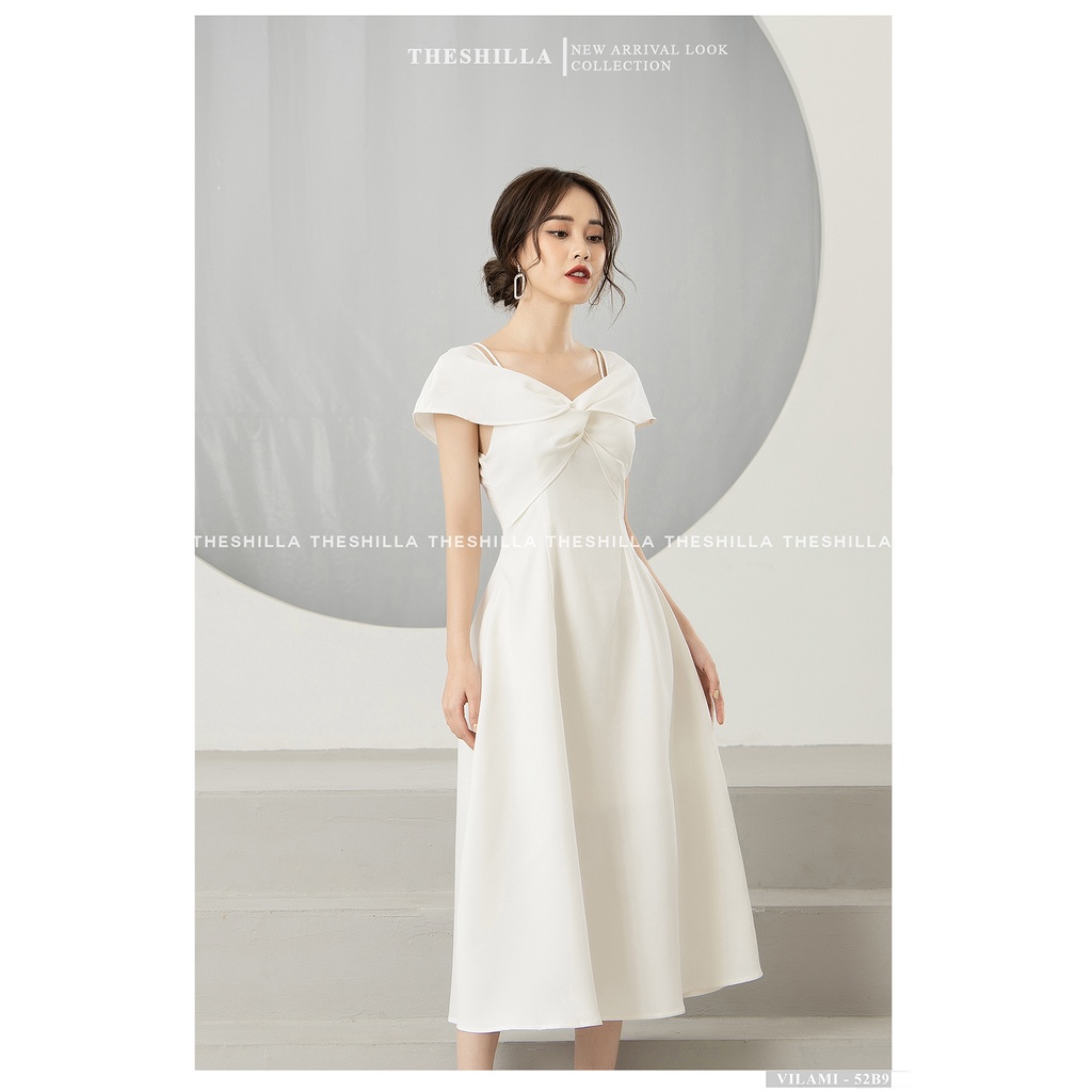 Váy thiết kế cao cấp màu trắng bẹt vai xoắn nơ ngực [ Có video + Ảnh thật ] The Shilla - Vilami-52B9