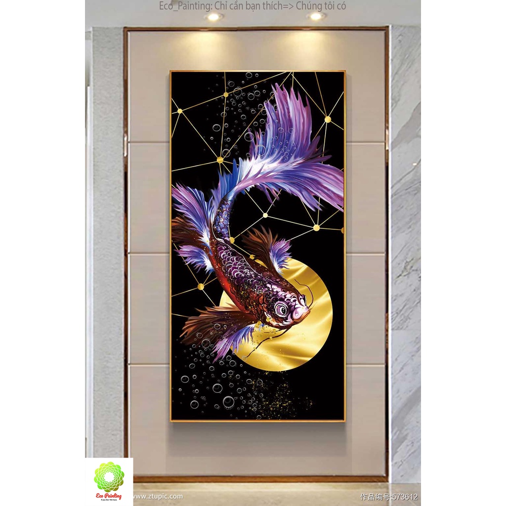 "Tranh cá chép hóa rồng" đẹp, sang trọng tranh cá treo tường đứng kích thước 35x70cm; 40x80cm;50x100cm;60x120cm có khung