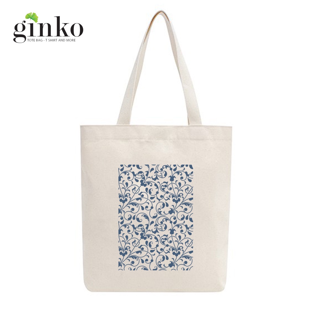 Túi Vải Tote GINKO Kiểu Basic dây kéo In Hình Blue Floral