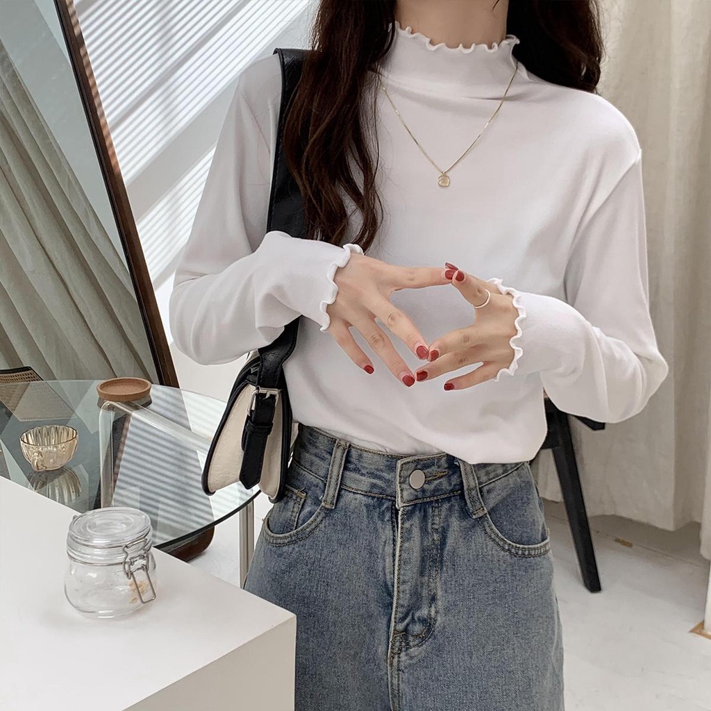 Hai mặt nhung Đức ấm áp và dày áo sơ mi phía dưới của phụ nữ mùa thu và mùa đông cỡ lớn giảm béo 2021 áo thun cao cổ nửa
