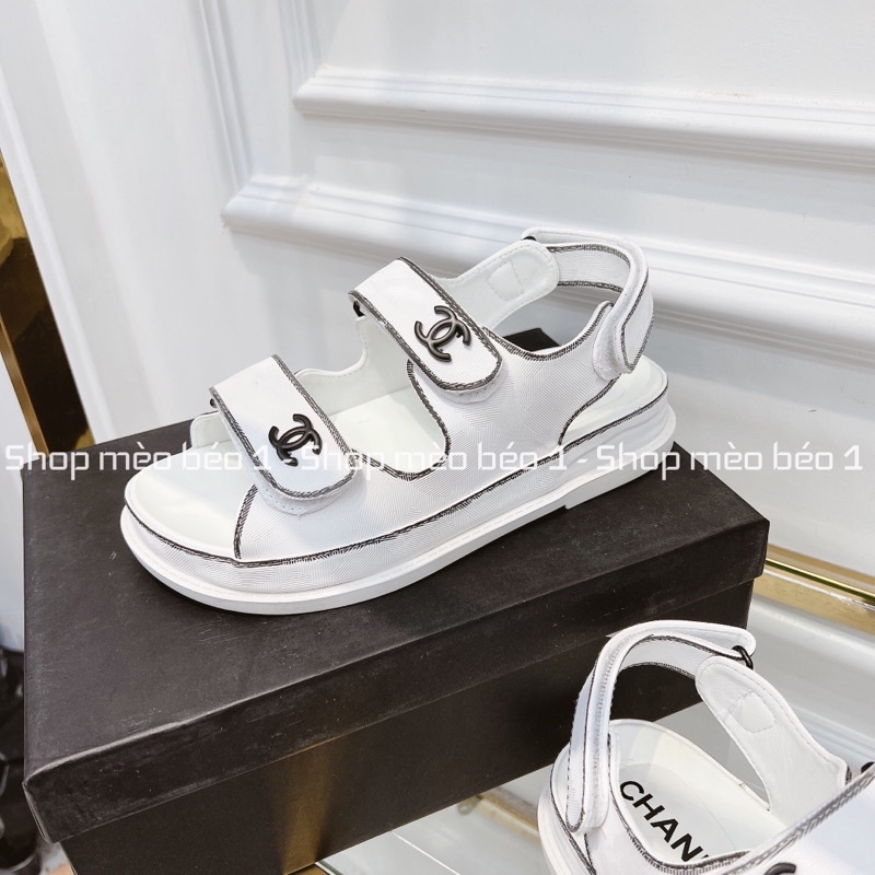 Sandal cn trắng viền kẻ quai dán ngang tag logo đế bằng fullbox