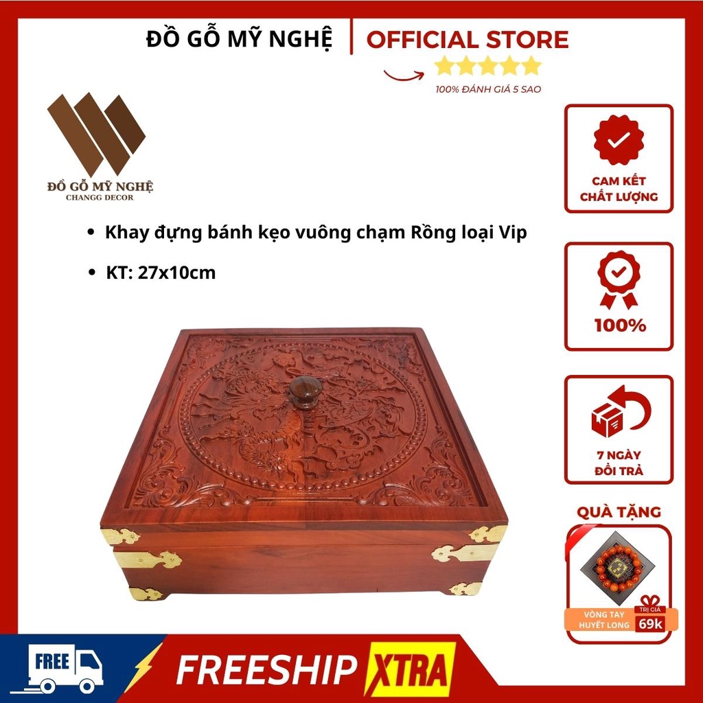 Hộp đựng bánh kẹo gỗ Hương chạm rồng vuông size to loại 1 [Tặng vòng huyết long đeo tay]