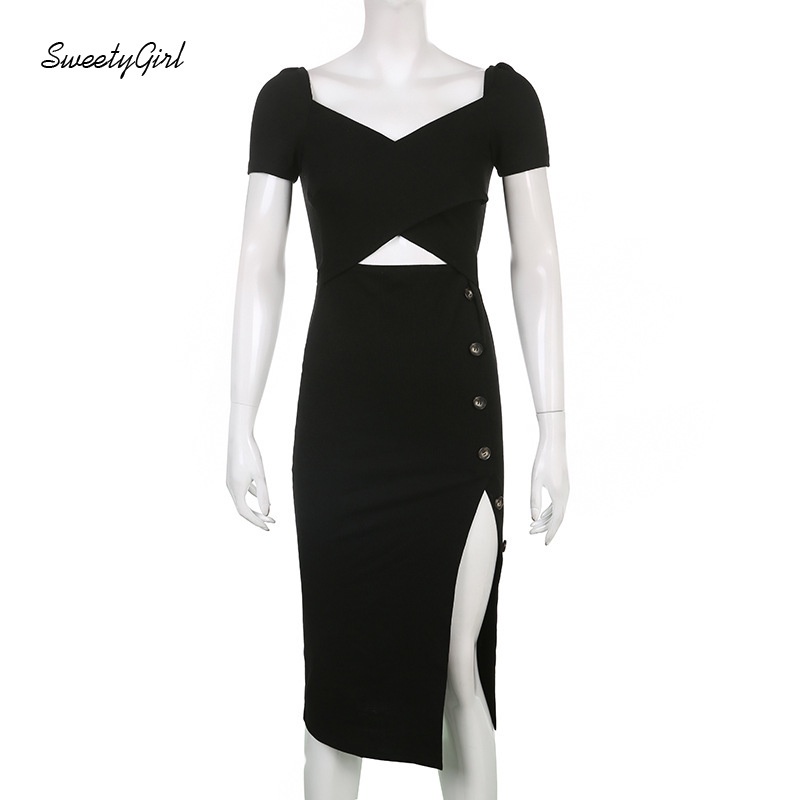 Đầm Midi Tay Ngắn Cổ Chữ V Màu Trơn Phối Nút Thời Trang Cho Nữ