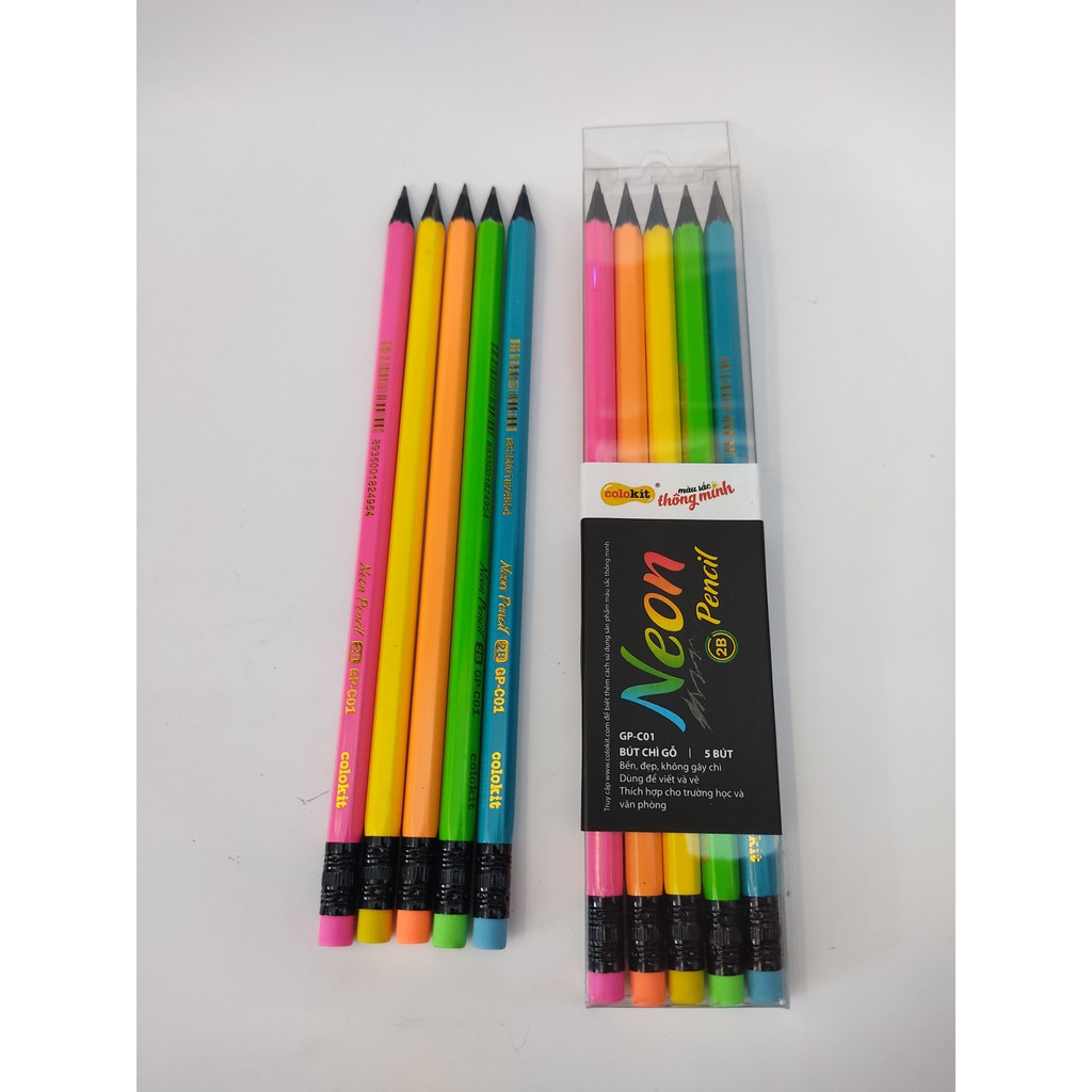 Vỉ 5 bút chì, viết chì gỗ Neon 2B Colokit GP-C01